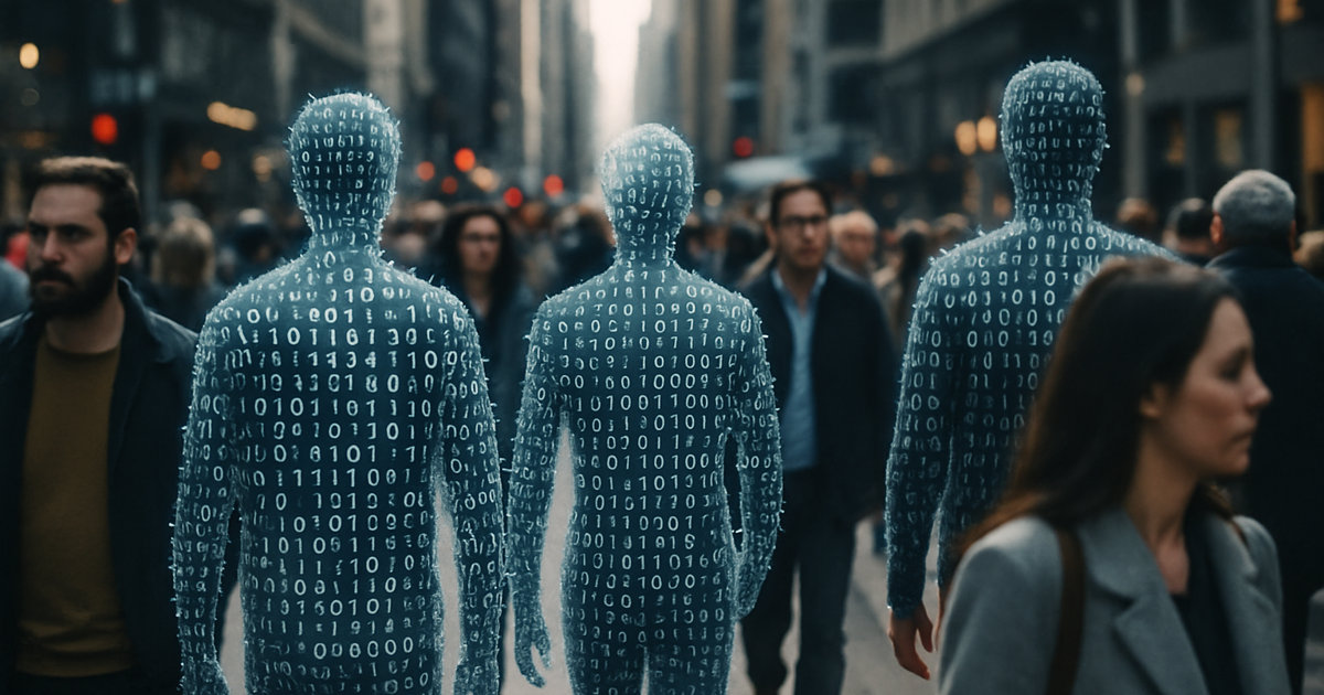 Digital silhouettes of people made from binary code walking among real people in a city street, illustrating the Human Data Illusion concept