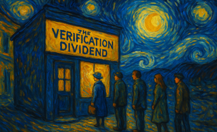 Illustration depicting the Verification Dividend, with people queuing outside a building marked The Verification Dividend