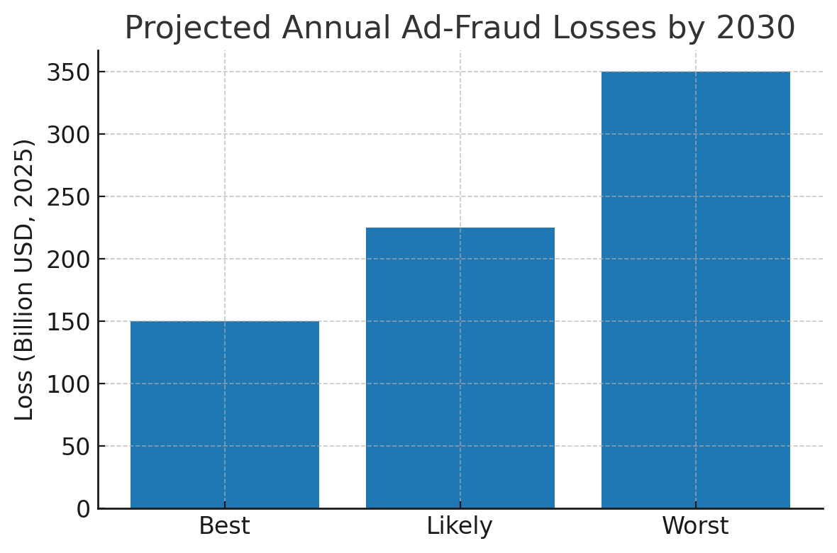 Projected ad-fraud losses by 2030 showing three scenarios with dollar amounts in billions
